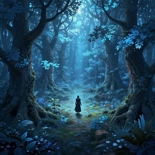 Digital fantasy artwork of a lone figure in a mystical, blue-lit forest with glowing blue foliage and towering trees.