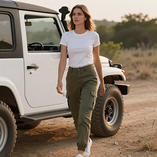Young Woman Walking Next to White Off-Road Vehicle