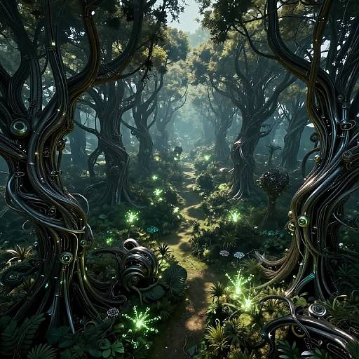 Mystical forest illustration with twisted, glowing trees, luminescent green fireflies, and a winding path illuminated by ethereal light. Fantasy digital