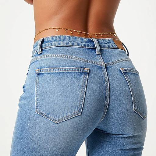 Photograph of a slim, tan-skinned person from behind, wearing light blue denim jeans with a brown leather belt and gold chain belt.