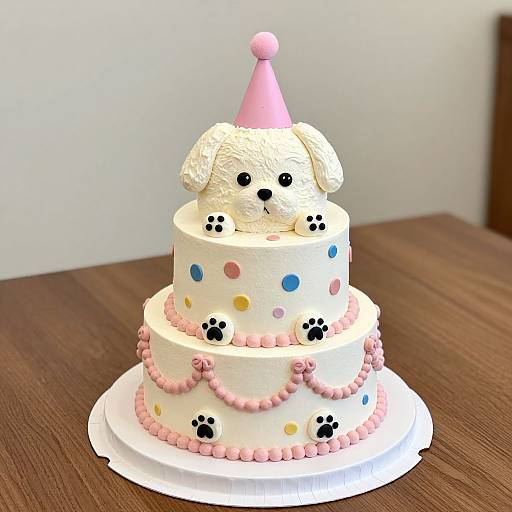 Photograph of a two-tiered white cake with polka dots, pink paw prints, and a fondant dog wearing a pink cone hat.