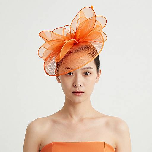 Photograph of an Asian woman with fair skin, wearing an orange strapless dress and a vibrant orange, sheer, flower-shaped fascinator against a white