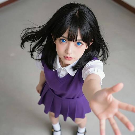 Photograph of a young Asian girl with black hair and blue eyes, wearing a purple dress and white shirt, reaching out towards the camera in a brightly