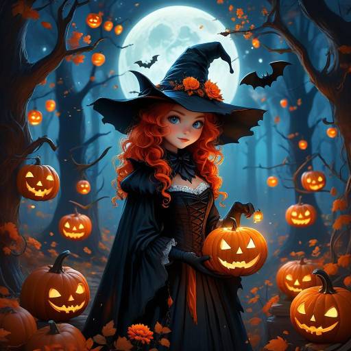 Whimsical Halloween Witch in Moonlit Forest