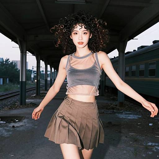 Young Woman with Kinky Curls at Train Station