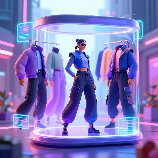 Digital artwork of a confident woman in a blue crop top and high-waisted pants, standing in a neon-lit, transparent cube display with two