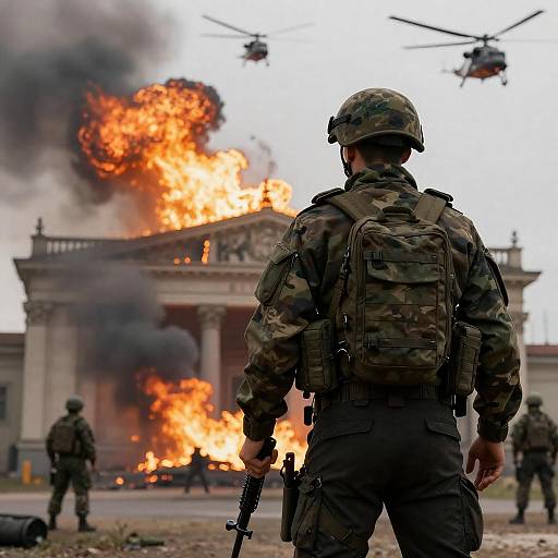 Soldier in Action Amidst Destruction