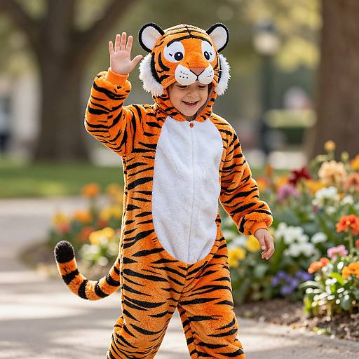 Joyful Boy in Vibrant Tiger Costume