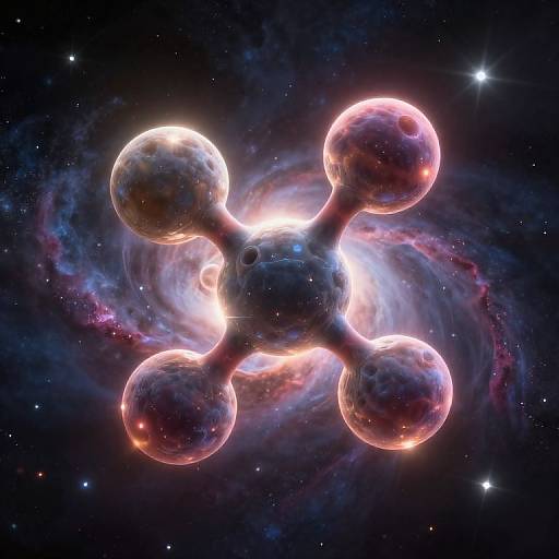 Photorealistic CGI of four glowing, spherical planets connected by a central hub, floating in a vibrant, star-filled galaxy.