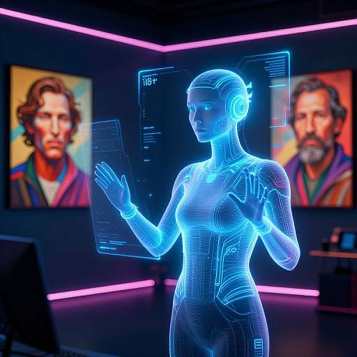 CGI image of glowing blue holographic woman in futuristic room, neon lights, and two vibrant, colorful portraits of men in background.