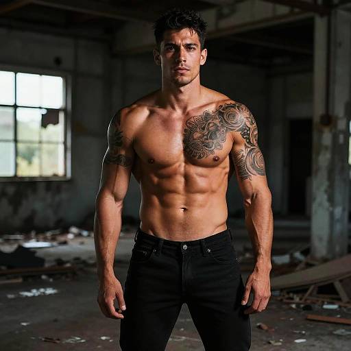 Photograph of a muscular, tattooed, shirtless man with short black hair, wearing black pants, standing in a dark, abandoned, industrial room