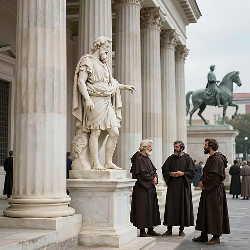 Men in Robes Near Classical Marble Statue