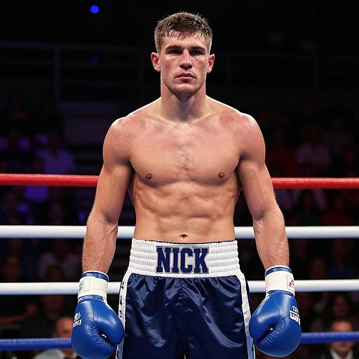 Photograph of a muscular, shirtless male boxer with short brown hair, wearing blue gloves and black 