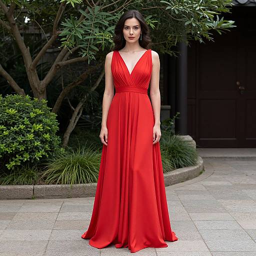 Photograph of a young woman with fair skin and dark hair in a sleeveless, deep red, V-neck gown, standing outdoors on a stone path