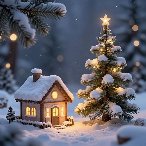 Snow-Covered House and Illuminated Christmas Tree in Winter