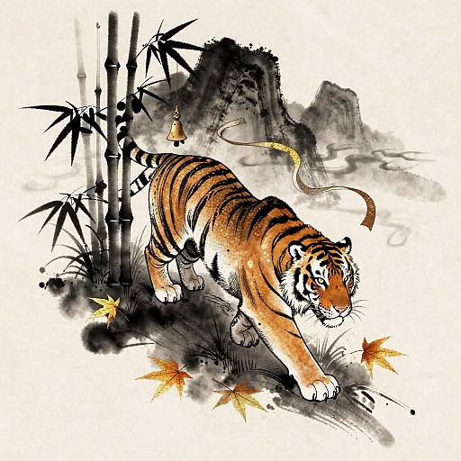 Vibrant digital illustration of a powerful tiger with orange and black stripes, stalking through a bamboo forest with autumn leaves. Bold black ink splashes and