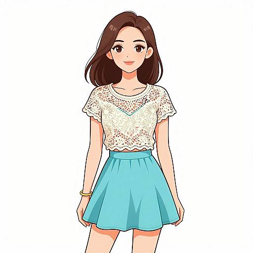 Anime-style digital illustration of a cute, young woman with straight brown hair, wearing a white lace top and blue skirt, standing against a plain white background