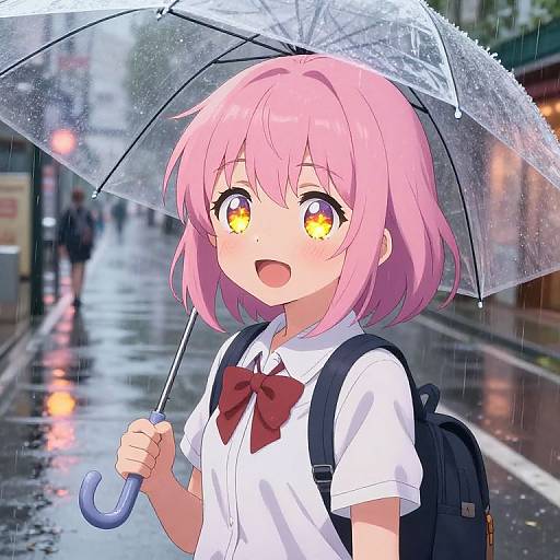 Anime-style digital drawing of a cute pink-haired girl with yellow eyes, holding a transparent umbrella on a rainy street, wearing a white school uniform with a