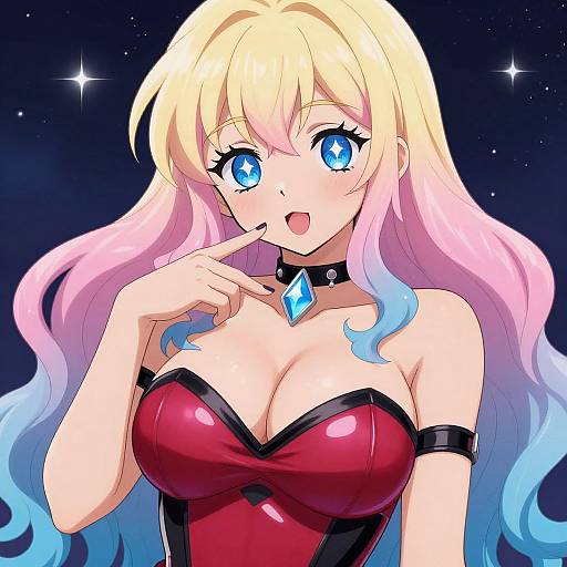 Anime-style digital drawing of a blonde, blue-eyed, pink-to-blue-haired woman with large breasts in a red strapless top, pointing finger near her