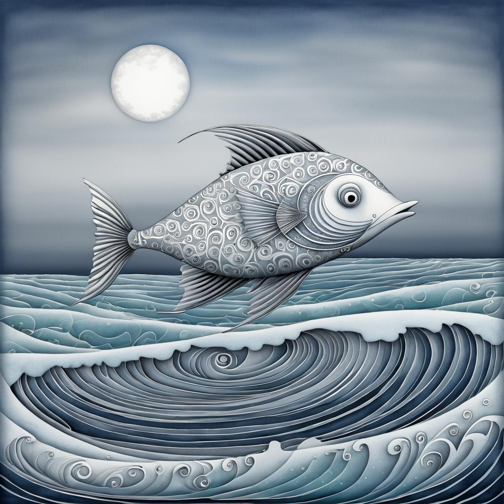 Whimsical Silvery Fish on Rolling Wave