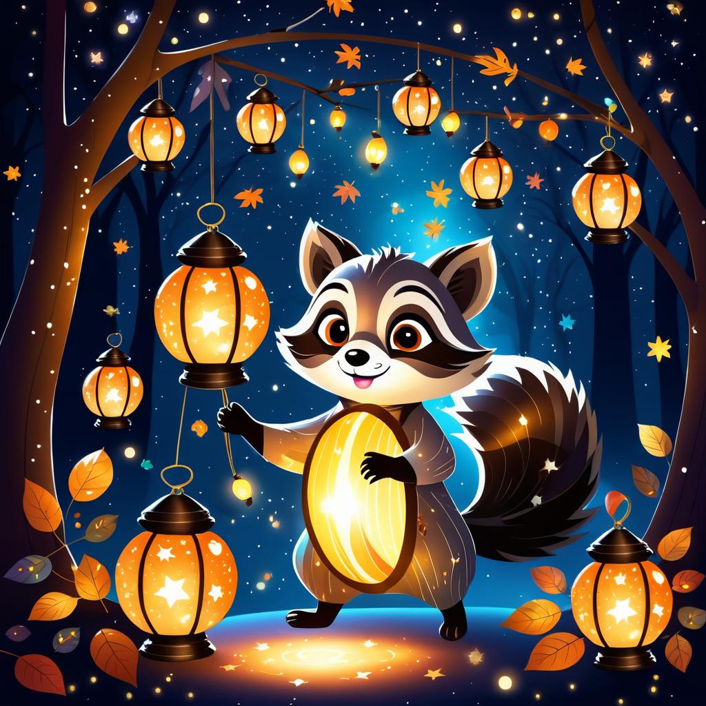 Whimsical Raccoon with Lanterns at Night