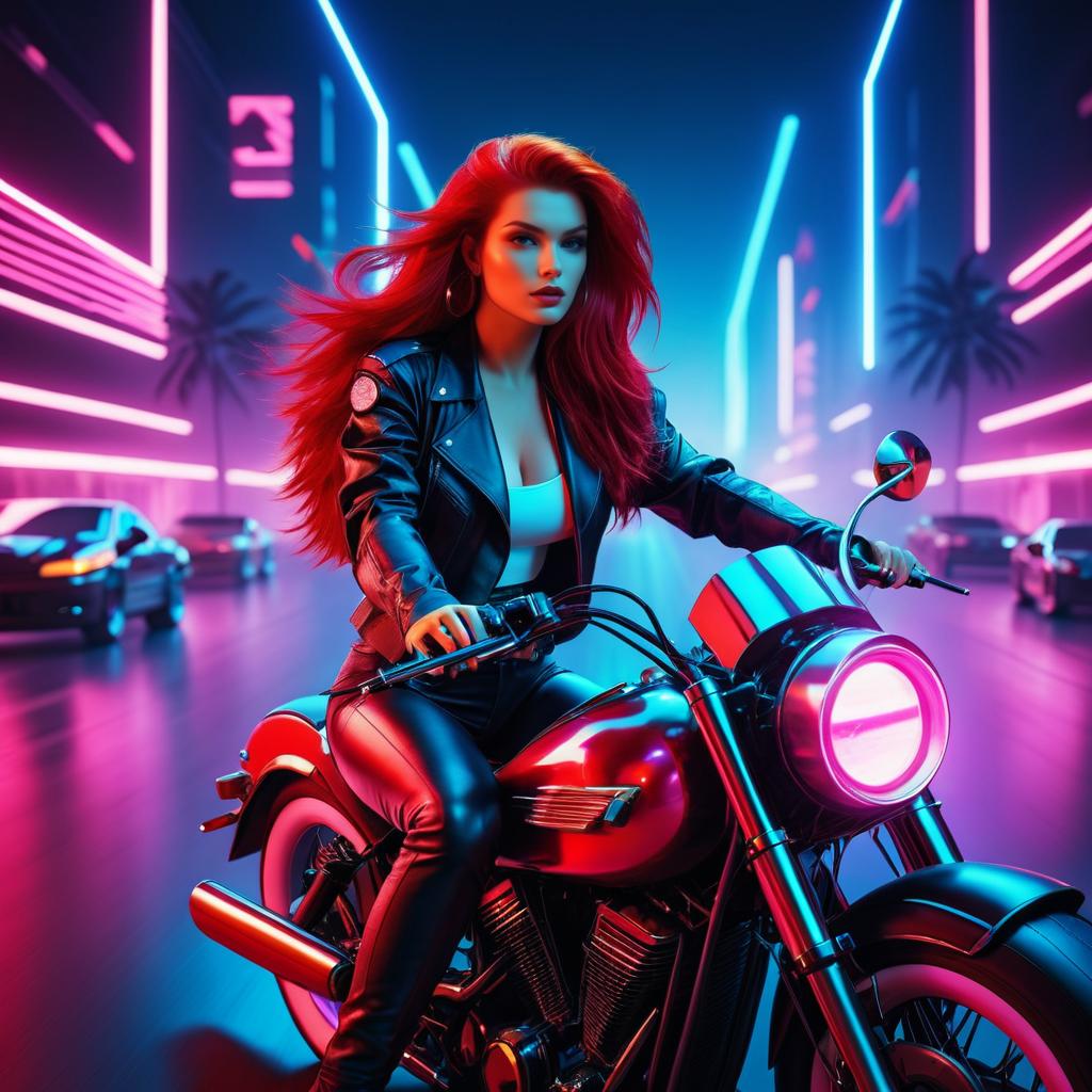 Synthwave Beauty on a Motorcycle