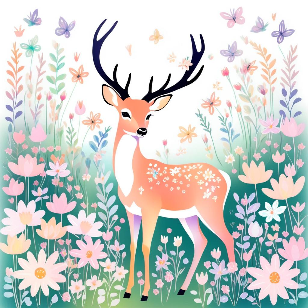 Whimsical Deer in Pastel Flower Garden