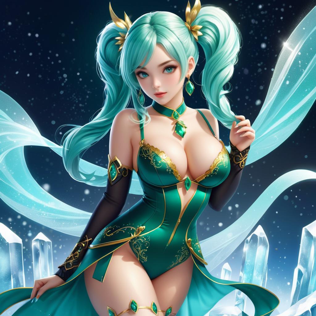 Cyan-Haired Fantasy Beauty with Ice Magic