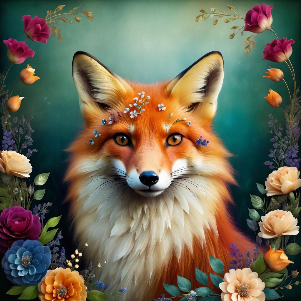 Surreal Fox Portrait with Floral Elegance