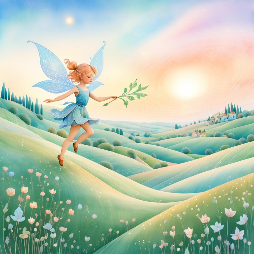 Playful Pixie in Whimsical Pastel Landscape