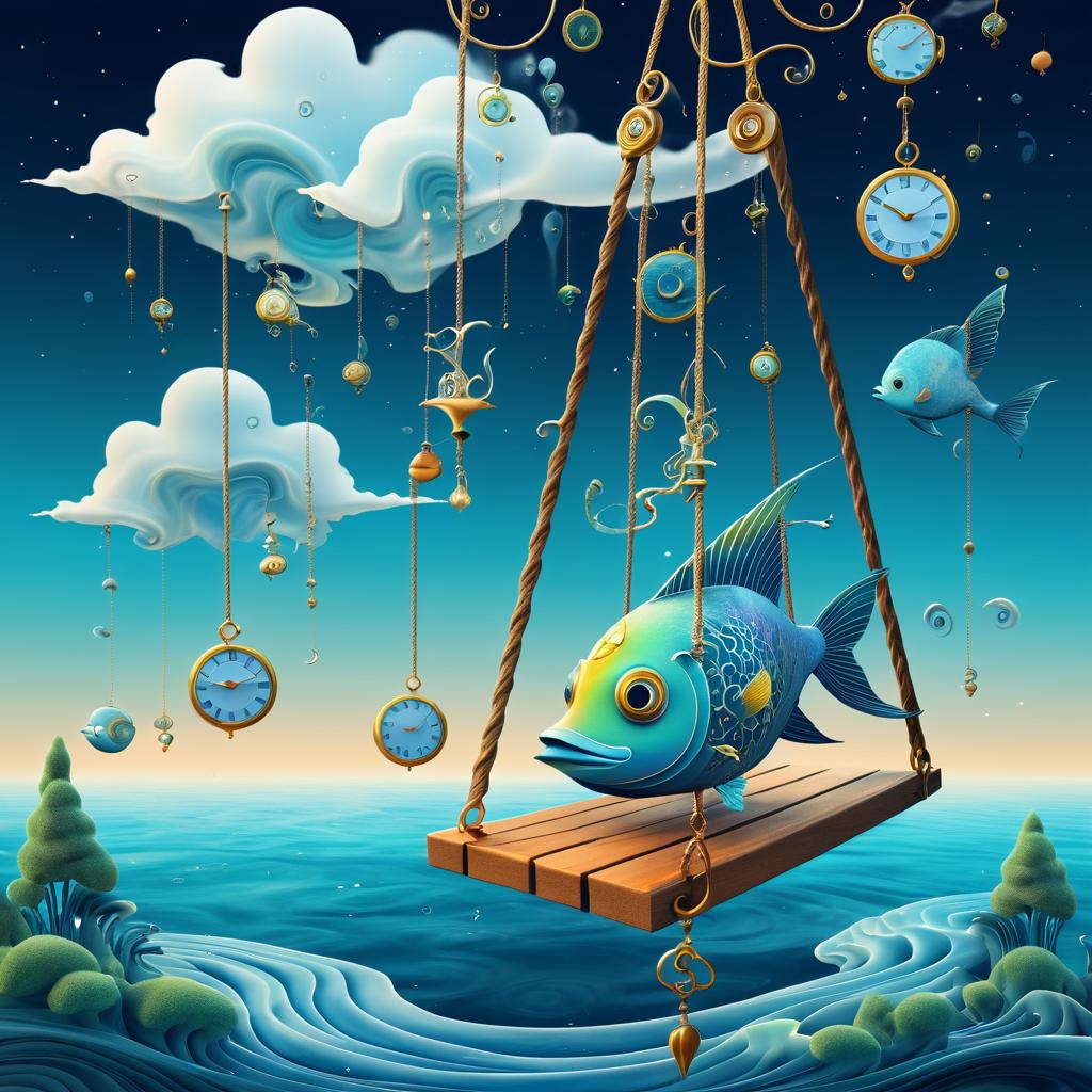 Surreal Fish on Swing with Melting Clocks