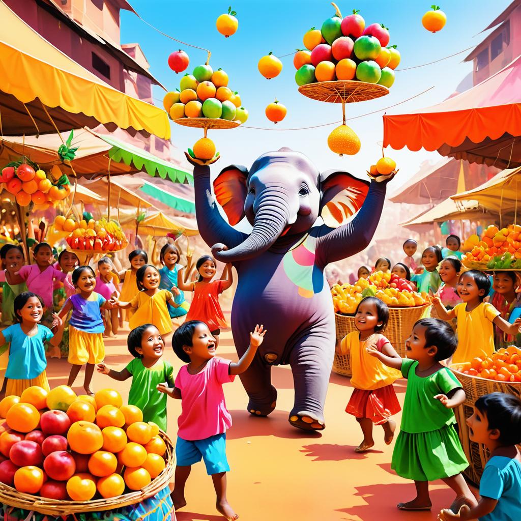 Festive Elephant Juggling Fruits Illustration