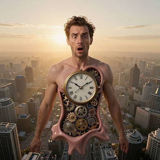 Photorealistic image of a shocked, shirtless man with clock and gears replacing his chest, standing over a cityscape at sunset.