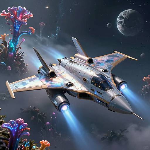 Digital art: Glowing, futuristic jet fighter with blue exhaust beams flying through a starry, cosmic landscape with colorful, bioluminescent flowers and