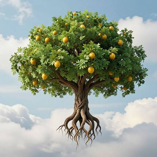Photorealistic digital artwork of a floating orange tree with vibrant green leaves, yellow oranges, and exposed roots against a bright blue sky with fluffy white clouds