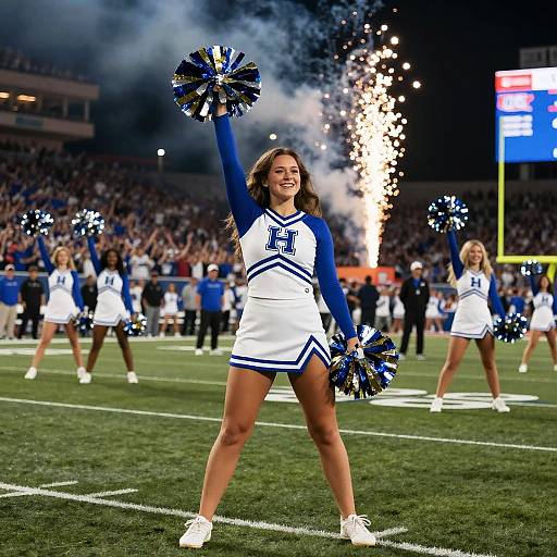 Photograph of a smiling female cheerleader in a white and blue uniform, raising pom-poms on a football field, with fireworks and cheering crowd in