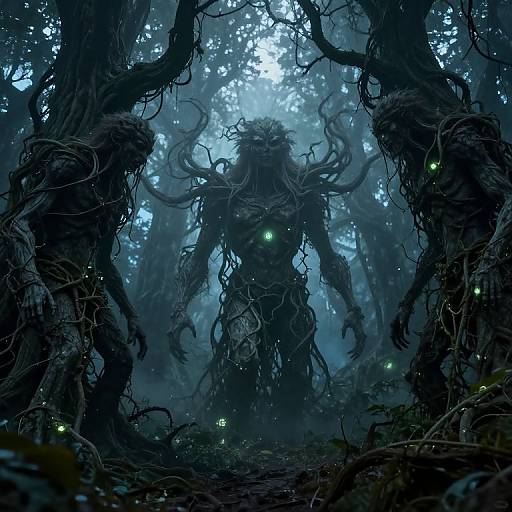 Digital fantasy artwork of a terrifying, humanoid forest creature with twisted, vine-like limbs and glowing green eyes, emerging from a dark, misty forest.