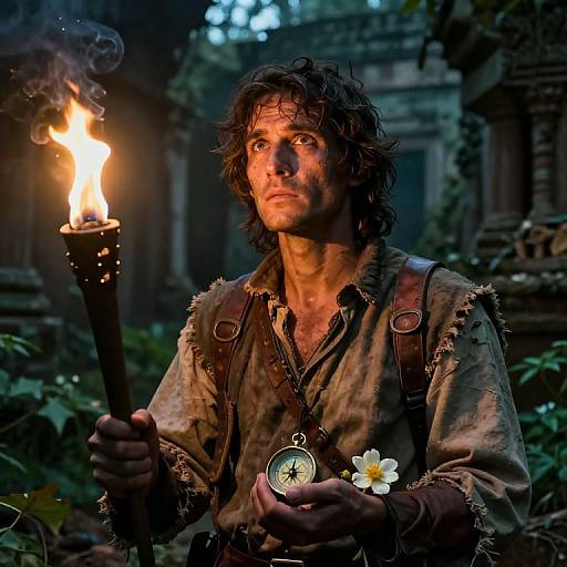Photograph of a rugged, curly-haired man with tanned skin holding a torch and compass, wearing a worn, rustic shirt, and a flower,