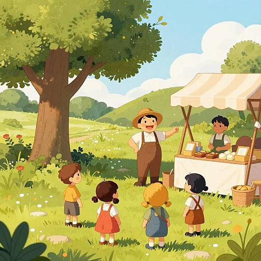 Whimsical Merchant Storytelling Scene