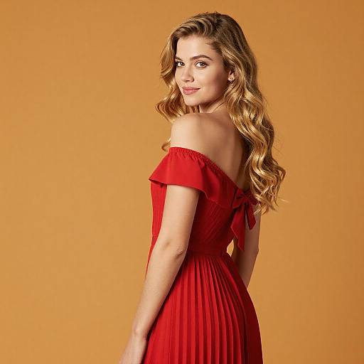 Young Woman in Red Pleated Dress