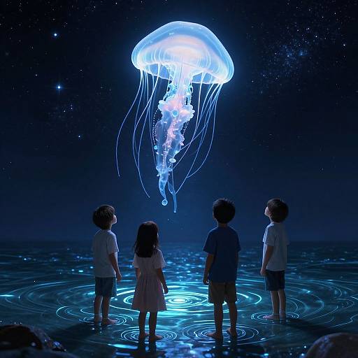 Four children in silhouette stand in glowing water, gazing at a luminous, floating jellyfish against a starry night sky. Digital art.