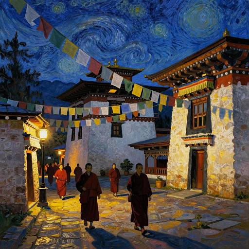 Van Gogh Style Bhutan Monastery Twilight