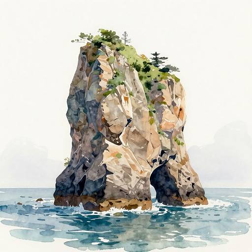 Digital painting of a rocky island with lush greenery, surrounded by blue ocean waves, against a white background.