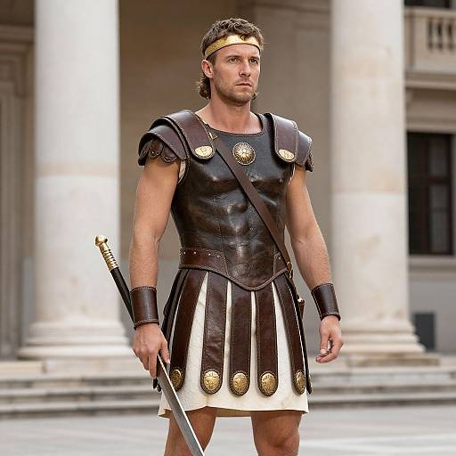 Photograph of a muscular man in ancient Roman armor, brown leather chest and skirt, gold accents, holding a sword, standing before white columns.