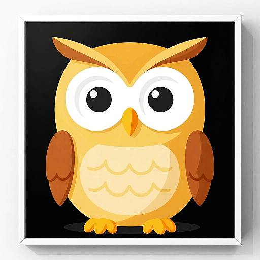 Cartoon owl with large, wide eyes, orange and brown feathers, and a beige belly, standing on a black background. Bright, playful digital illustration