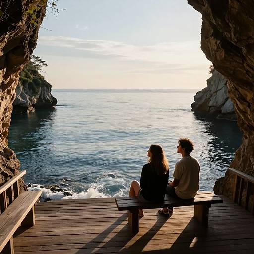 Photograph of a couple sitting on a wooden bench in a coastal cave, gazing at the sunlit ocean, with rocky cliffs framing the view.
