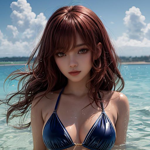Alluring Anime Girl in Navy Bikini