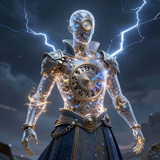 Photorealistic CGI of a glowing, cybernetic warrior with lightning bolts, intricate armor, gear-filled chest plate, and dark blue skirt, set
