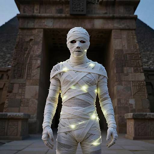 Photograph of a mummy-like figure with white bandages, glowing lights, and a masked face, standing in front of a stone temple.