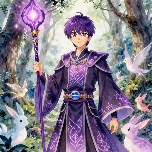 Anime-style drawing of a young male mage with purple hair and eyes, holding a glowing purple staff, surrounded by glowing white rabbits in a lush, sun